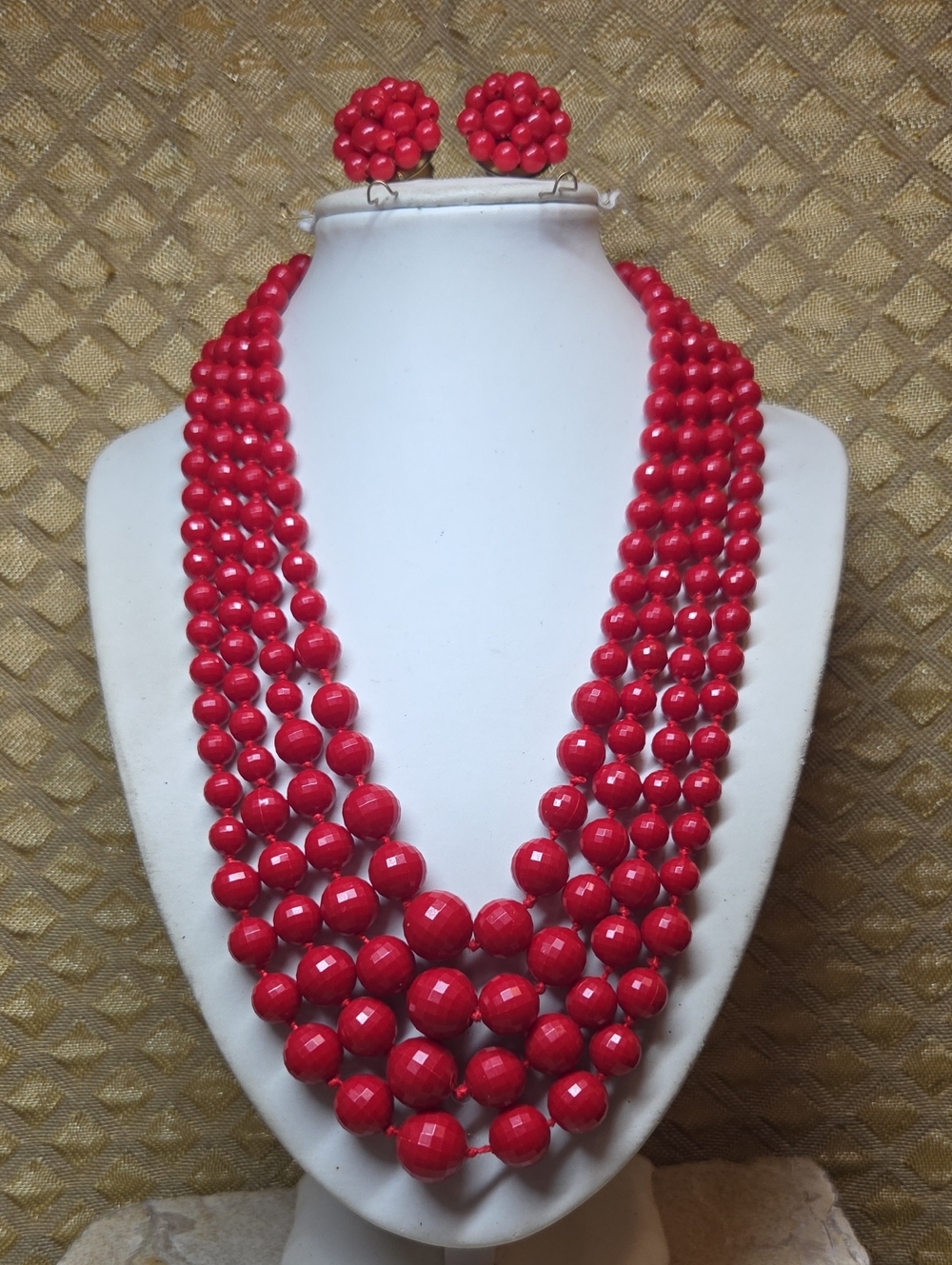 Vintage Red Beaded Multi-Strand Necklace and Earrings Germany Hong Kong